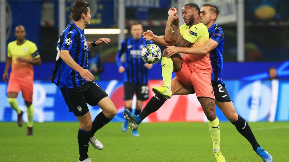 ARM WRESTLE : Raheem comes under close attention from the Atalanta defence