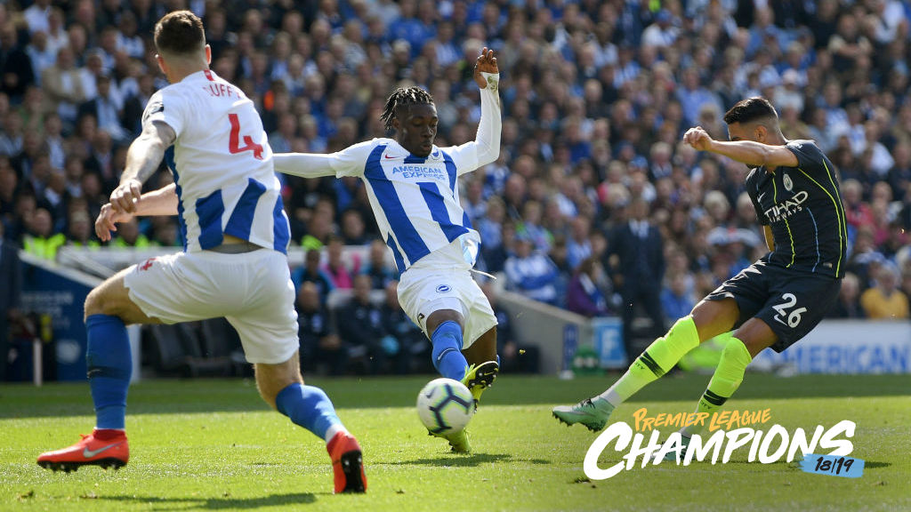 THUNDERBOLT: Riyad Mahrez fires in City's third against Brighton