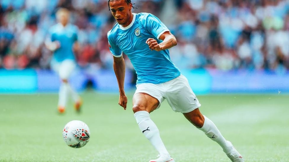 EYES ON THE PRIZE: Our German winger in action during the Community Shield encounter with Liverpool - an afternoon that ended with Leroy suffering an anterior cruciate ligament injury to his right knee 