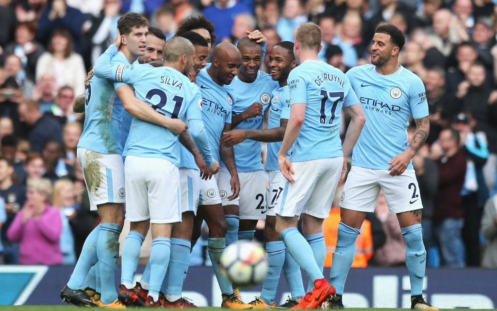 Manchester City 7-2 Stoke City 2017 group celebration.