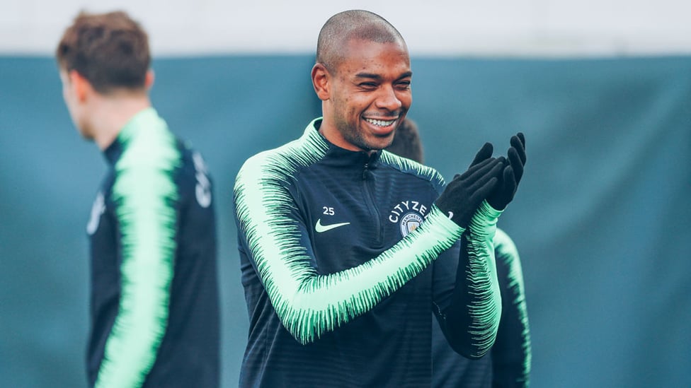 GLOVE STORY : Fernandinho was in buoyant mood despite the chilly weather