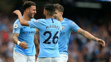 TRIO: Walker celebrates with John Stones and Mahrez after restoring our lead.