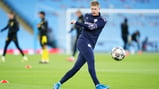 GAME FACE: De Bruyne fully focused during the pre-match warm up.