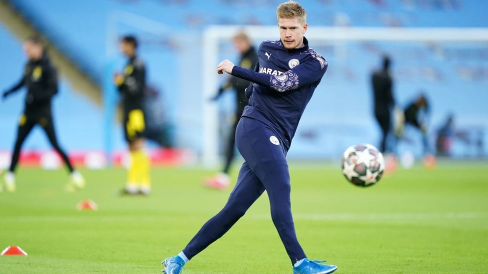 GAME FACE : De Bruyne fully focused during the pre-match warm up.