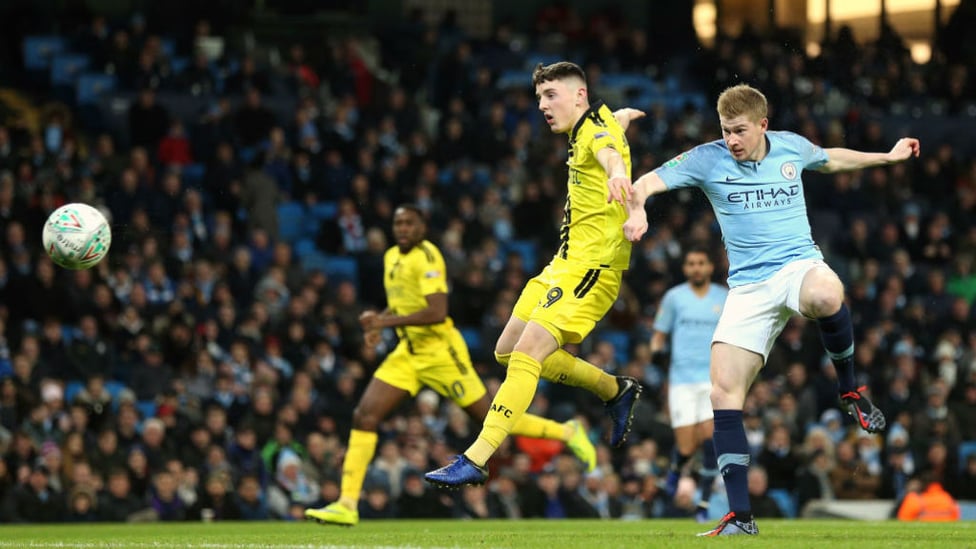 ON THE MARK : Kevin De Bruyne heads home to give City an early lead