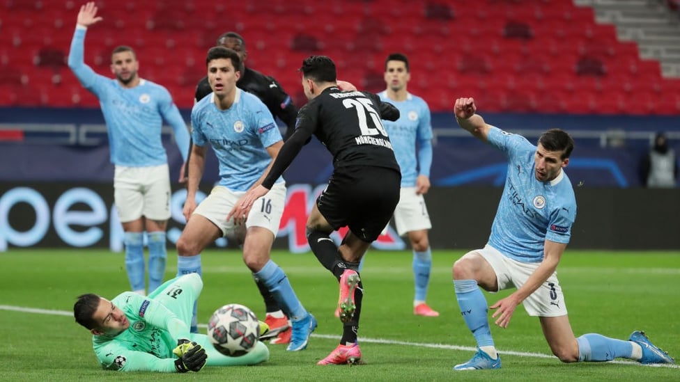 SHUT OUT: Ederson gets down well to thwart Ramy Bensebaini