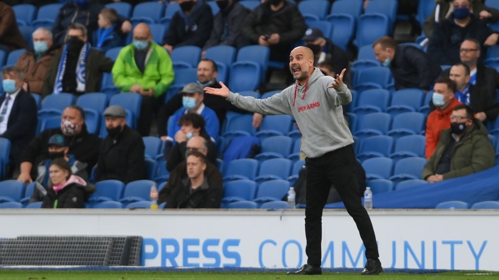 THE BOSS: Pep makes his voice heard on the touchline.