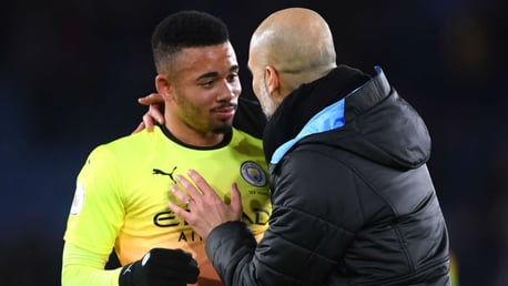 SUDDEN IMPACT: Pep Guardiola salutes Gabriel Jesus at the final whistle