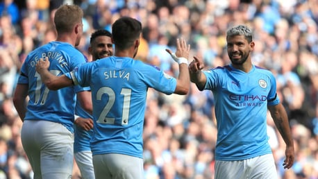 GET IN: Sergio Aguero celebrates against Brighton.