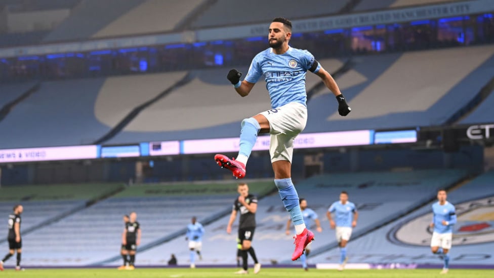 HIGH AND MIGHTY: Riyad Mahrez celebrates after his opener 