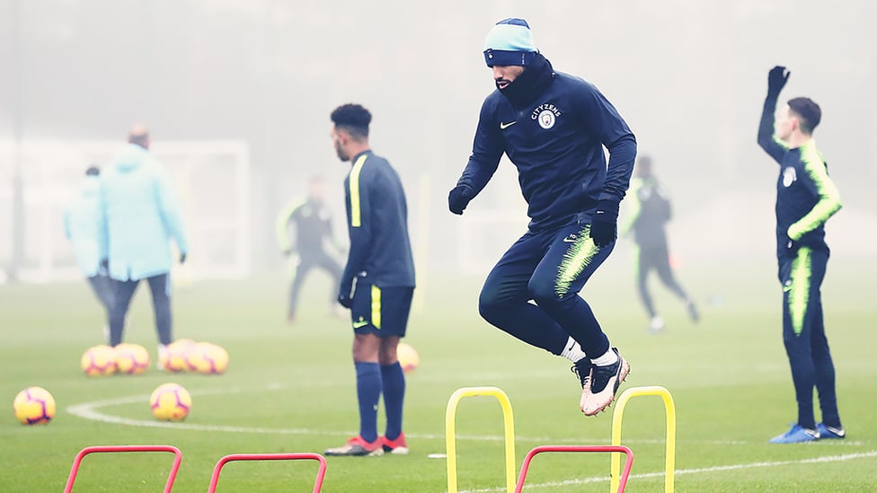 JUMP TO IT : Sergio Aguero is put through his paces during Thursday's training session