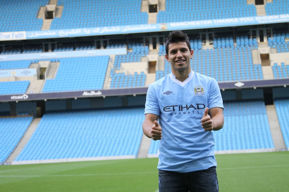 THUMBS UP : A first glimpse of the Etihad on signing day.