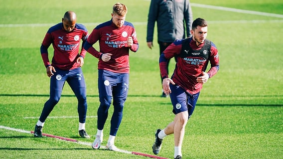ACTION STATIONS: Aymeric Laporte, Kevin De Bruyne and Fernandinho go through their paces