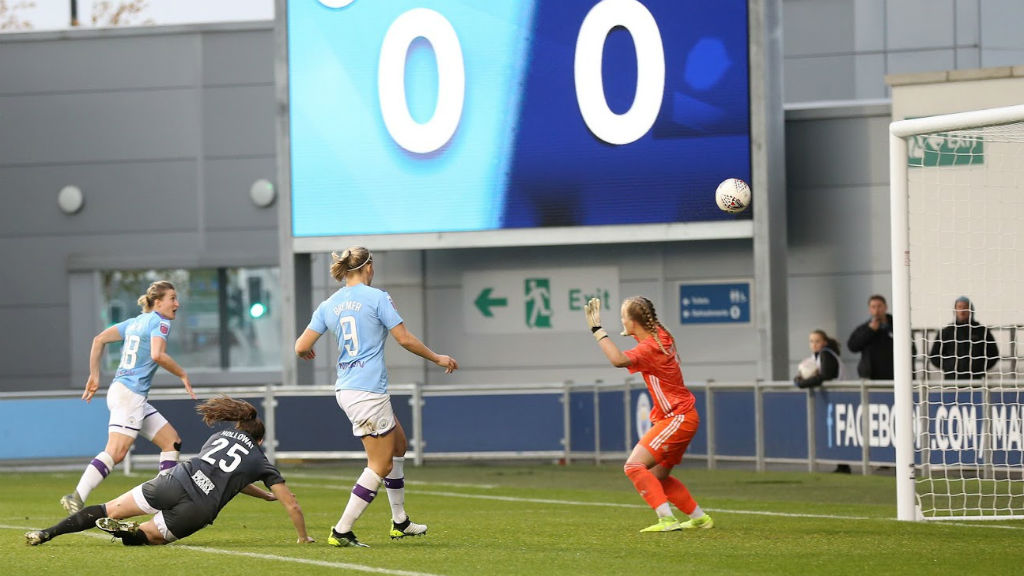 FIRST STRIKE : Ellen White fires home her first goal in City colours