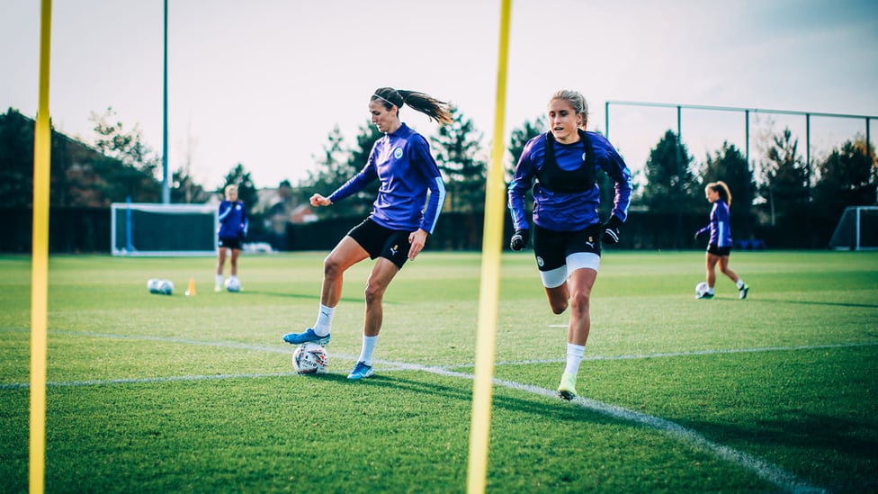 UP FOR THE CUP : Jill Scott and Steph Houghton get in the groove ahead of our Continental Cup trip to Everton