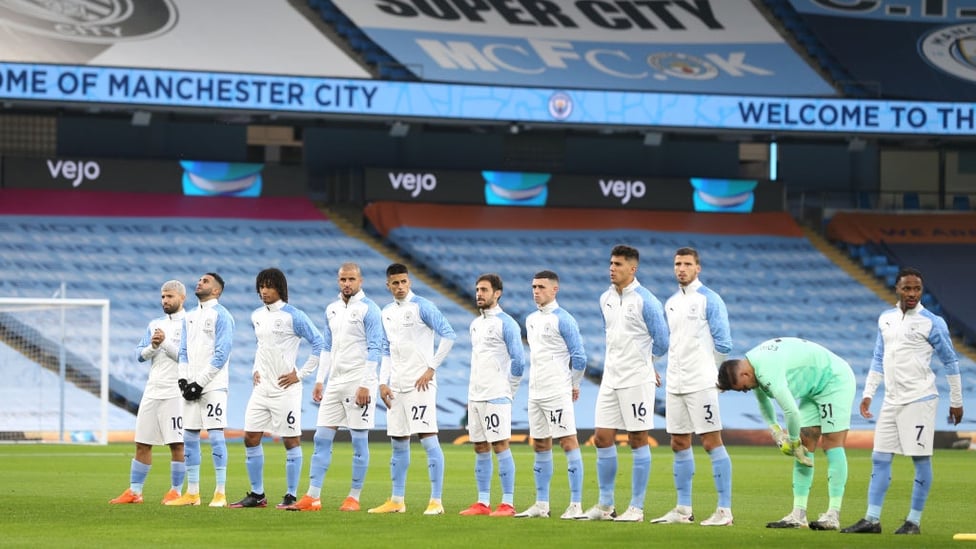 SQUAD GOALS : The starting team arrive on the Etihad pitch ahead of kick-off.