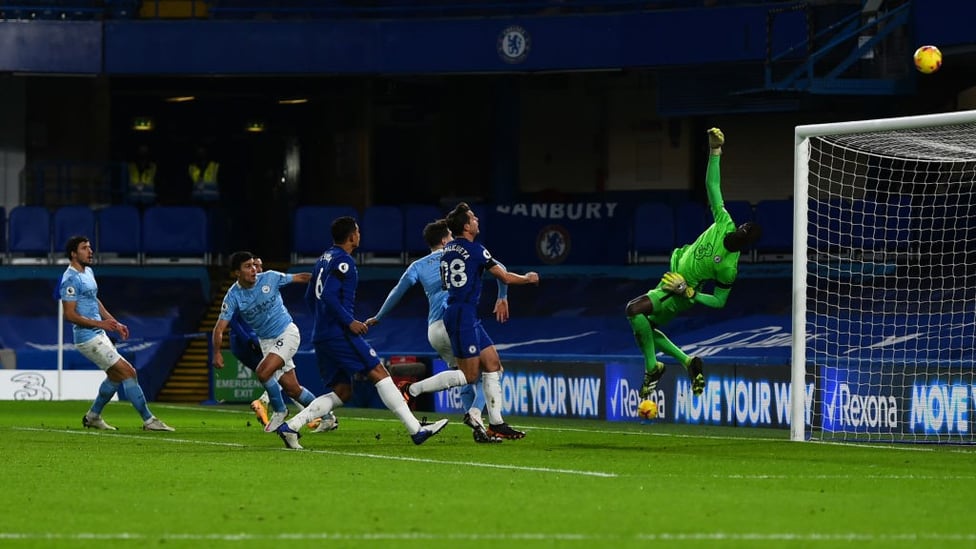 USING HIS HEAD: Rodrigo's header forces a fine save from Edouard Mendy