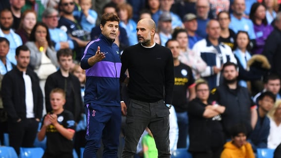 WE GO AGAIN: Pep Guardiola chews the fat with Mauricio Pochettino post match.