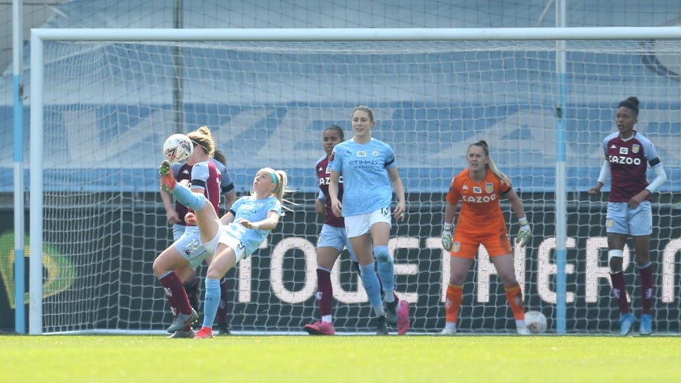 SPECTACULAR STRIKE: Chloe Kelly grabs her first City hat-trick, which includes an outstanding bicycle kick, as we beat Aston Villa 8-0 in the Women’s FA Cup - our fifth round clash with West Ham is available to watch live this Sunday on CITY+