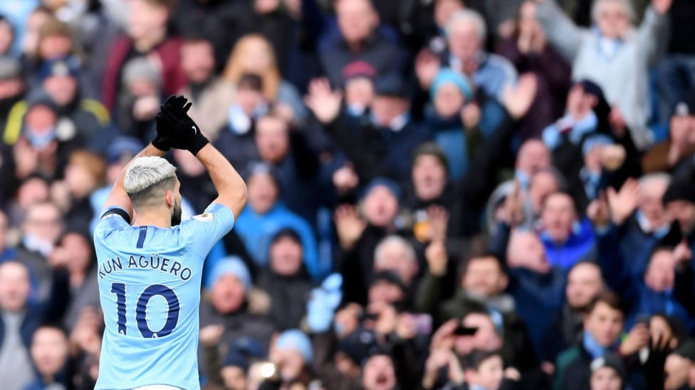 Sergio Aguero salutes the Etihad faithful.