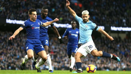 LETHAL WEAPON: Sergio Aguero fires home the first of his hat-trick against Chelsea in last season's Etihad clash