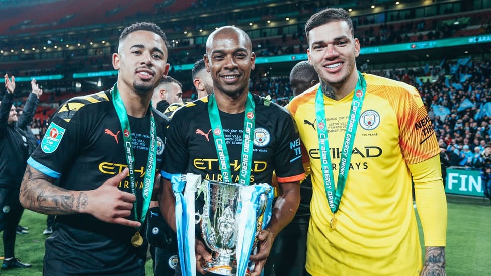 BRAZILIAN TRIO : Celebrating Carabao Cup success with compatriots Gabriel Jesus and Fernandinho