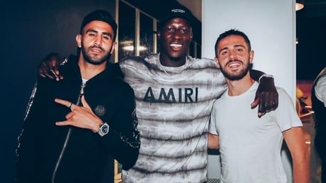 THREE AMIGOS: An excited trio of Riyad Mahrez, Benjamin Mendy and Bernardo Silva