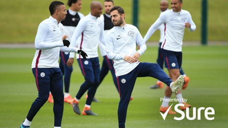 ACTION STATIONS: Gabriel Jesus and Bernardo Silva limber up in training