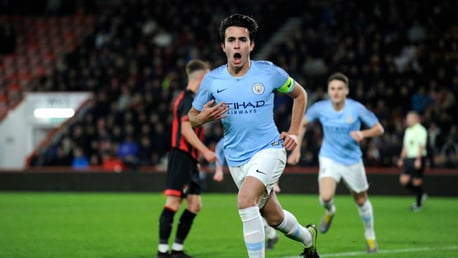 INSPIRATION: Eric Garcia celebrates after scoring with a superb header in our FA Youth Cup quarter-final win at Bournemouth