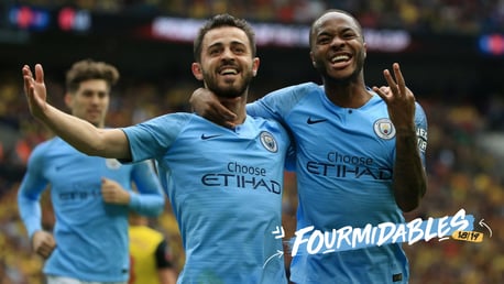 DELIGHT: Bernardo celebrates with Raheem Sterling at Wembley.