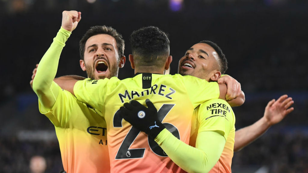 THREE CHEERS: Bernardo, Riyad Mahrez and Gabriel Jesus are all smiles after Gab's late effort