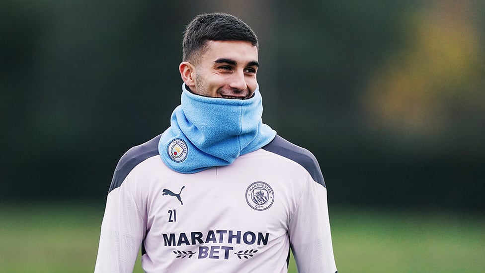 SNOODS YOU SIR: Ferran Torres was grateful for his City snood on what was a crisp late Autumn day