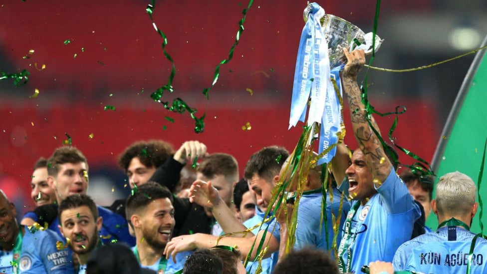 PARTY TIME : Danilo lifts the Carabao Cup back in February 2018, his first silverware for the Blues!