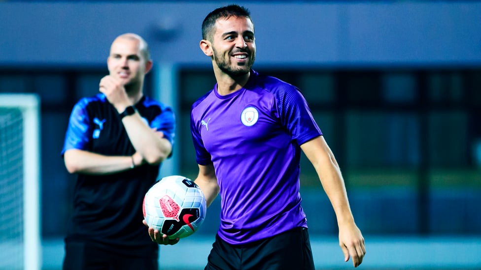 PURPLE REIGN : Bernardo Silva is in upbeat spirits as the session gets underway