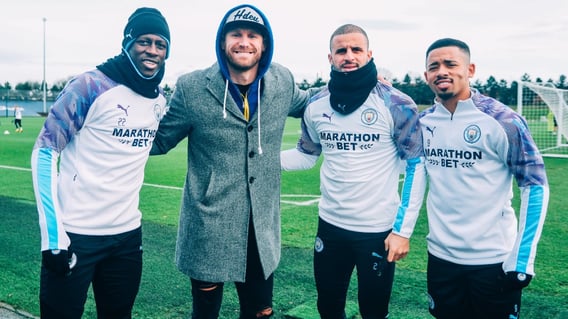 CITY BOYS: Benjamin Mendy, Kyle Walker and Gabriel Jesus stop for a photo with Chase Rice.