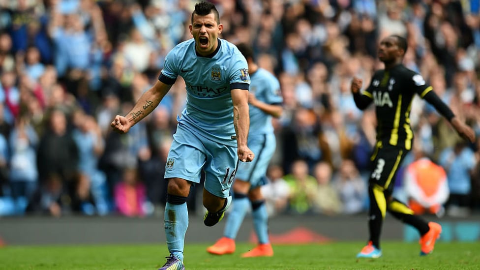 ROAR POWER : Kun can't contain his delight after bagging another treble, with Aguero eventually claiming four in total against Spurs in 2014