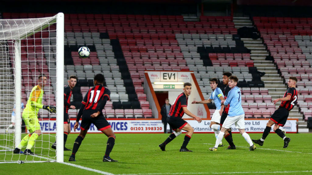 HEAD BOY : Eric Garcia powers home City's second goal at the Vitality Stadium