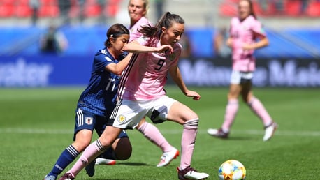 IN ACTION: Caroline Weir battles for possession against Japan.