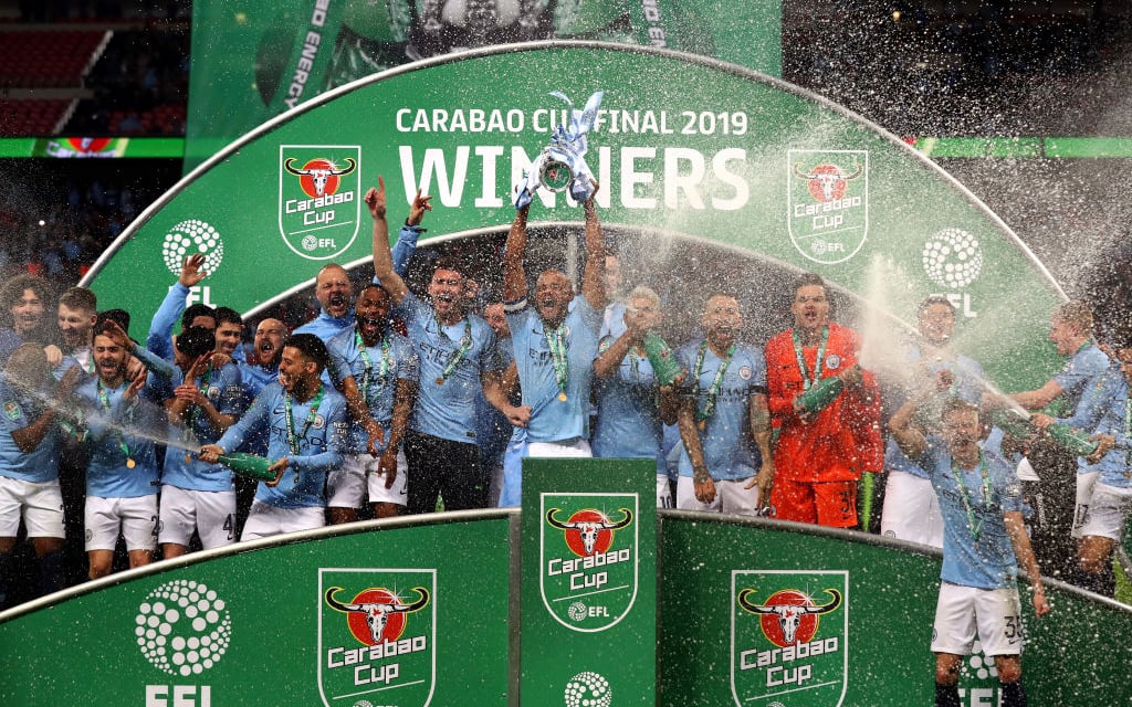 WINNERS: Vincent Kompany hoists the Carabao Cup aloft in 2019.