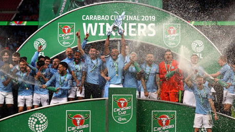 WINNERS: Vincent Kompany hoists the Carabao Cup aloft in 2019.