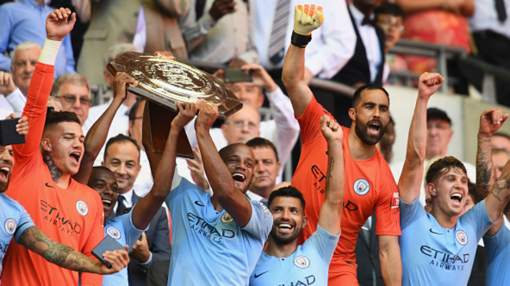 FIRST SILVERWARE: City lift their first trophy of the new season with a 2-0 Community Shield win over Chelsea