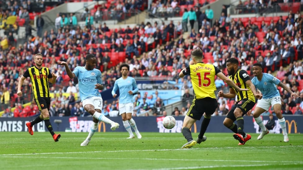 SIX OF THE BEST : Sterling gets a second for him, and a sixth for City - a record in an FA Cup final at the new Wembley