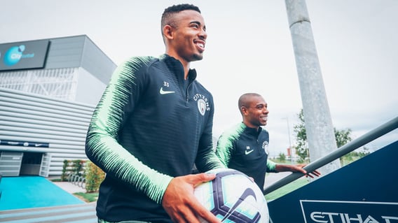 CLOSE UP: A very smiley Gabriel Jesus heads out for training.