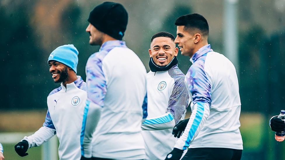 CENTRE OF ATTENTION : Gabriel Jesus was in ebullient spirits as he trained alongside Raheem Sterling, Ilkay Gundogan and Joao Cancelo