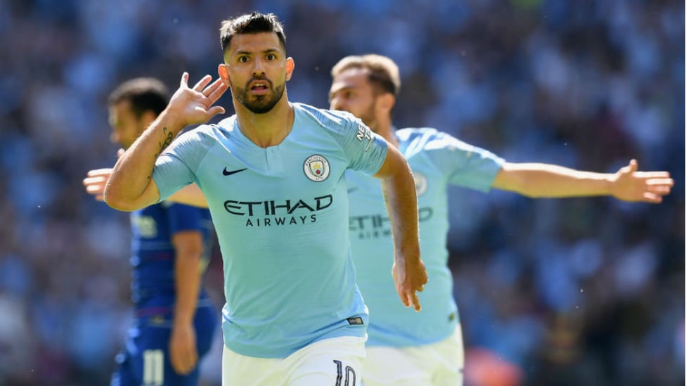 200 UP : Sergio Aguero starts the celebrations after netting his 200th goal for City