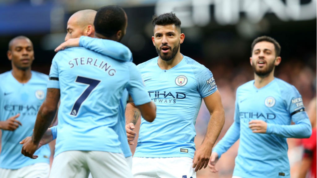 STARS ON SUNDAY : Sergio Aguero celebrates with his team-mates after scoring City's second goal