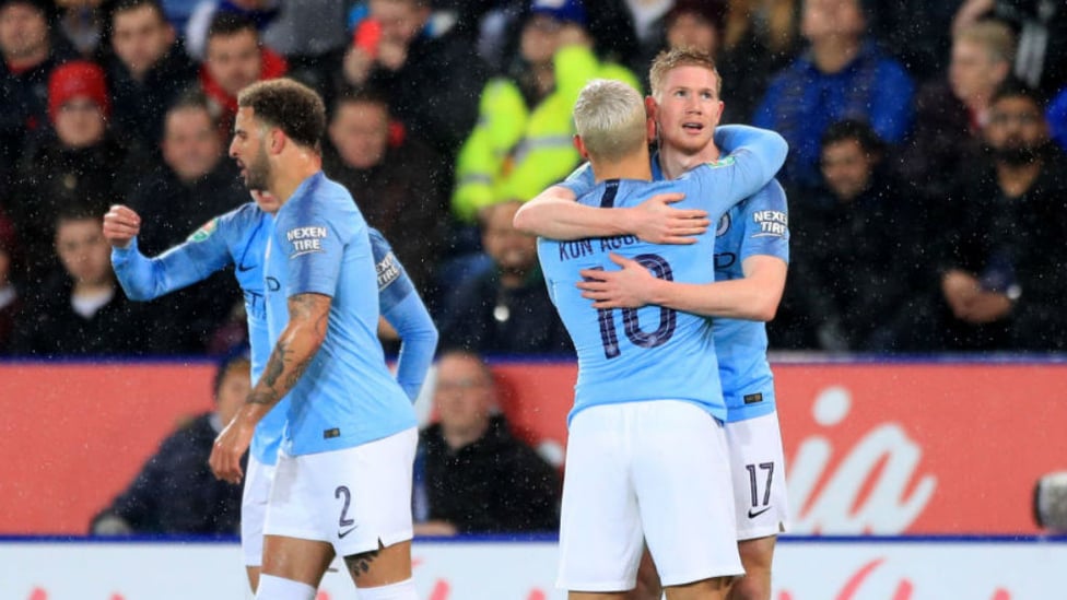 BLUE HEAVEN : Kevin De Bruyne celebrates after his early strike with Sergio Aguero