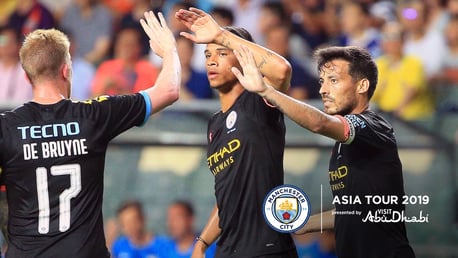 LEADING BY EXAMPLE: David Silva celebrates his opener against Kitchee with Leroy Sane and Kevin De Bruyne