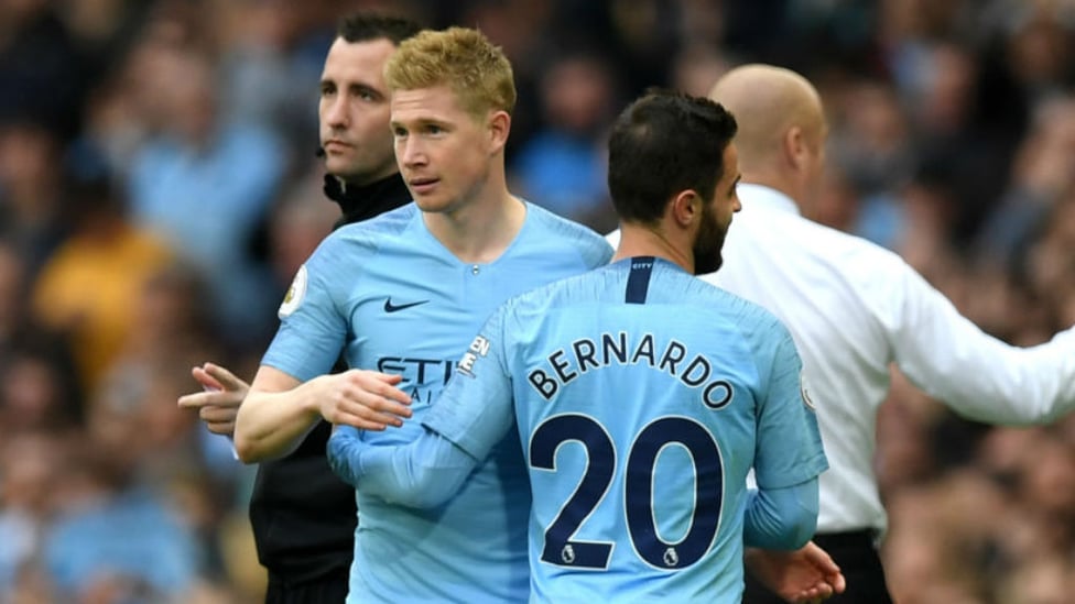 BACK IN BUSINESS : Kevin De Bruyne makes a welcome return from injury as he replaces Bernardo Silva