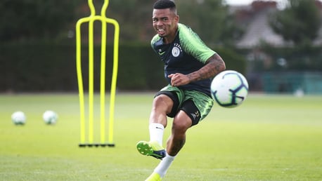 ALL FIRED UP Gabriel Jesus powers in a shot on goal during Tuesday's training session at the CFA